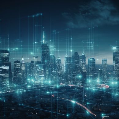 Glowing skyscrapers illuminate the futuristic cityscape at night generated by artificial intelligence