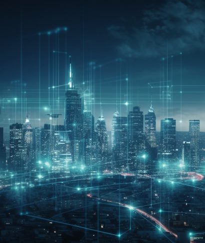 Glowing skyscrapers illuminate the futuristic cityscape at night generated by AI Glowing skyscrapers illuminate the futuristic cityscape at night generated by artificial intelligence