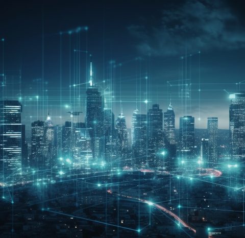 Glowing skyscrapers illuminate the futuristic cityscape at night generated by AI Glowing skyscrapers illuminate the futuristic cityscape at night generated by artificial intelligence